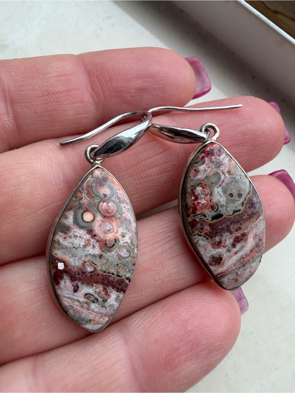 Silver Drop Earrings with Red and Cream Ocean Jasper